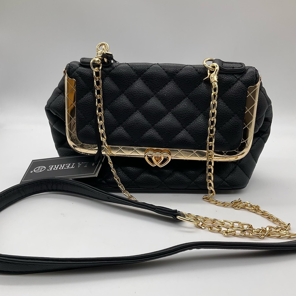 NWT‎ LA TERRE BLACK QUILTED GOLD CHAIN CROSSBODY BAG